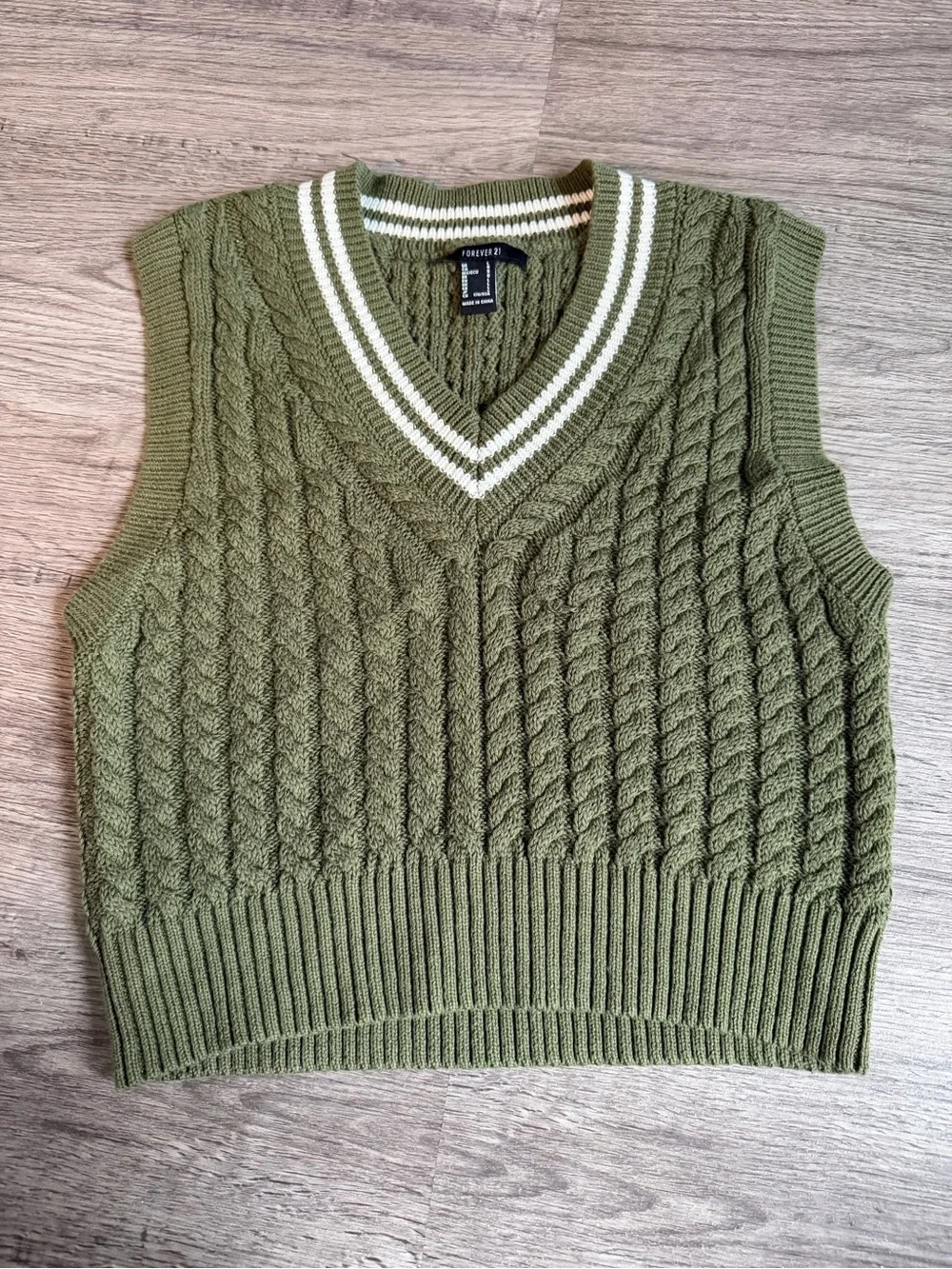 Forever 21 Olive Green Cable Knit V-Neck Sweater Vest with White Stripe